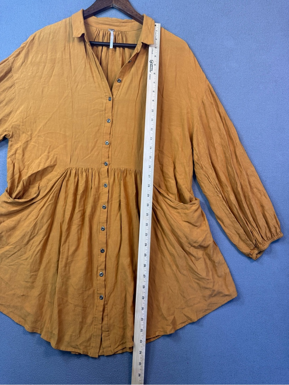Free People Boho Mustard Yellow Gathered Waist Front Pocket Tunic Dress, S - Picture 7 of 14